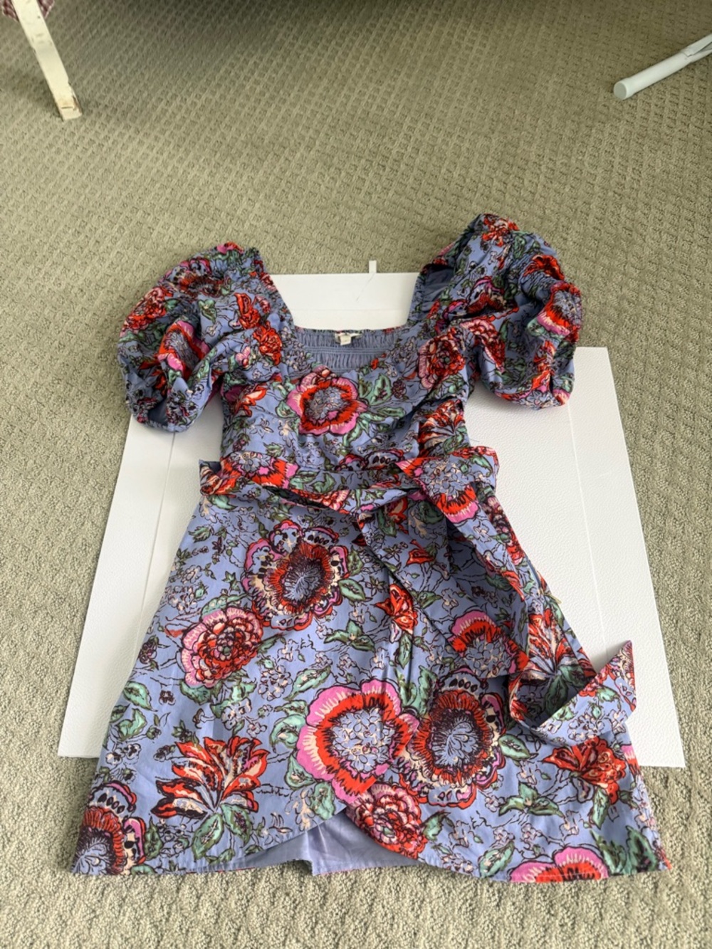 Cleobella Lavender Floral Puff-Sleeve Mini Dress with Waist Tie